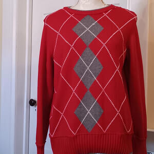 Liz Claiborne Sweater Womens L Red w/gray Argyle Crew Neck Sweater Vintage Vibe